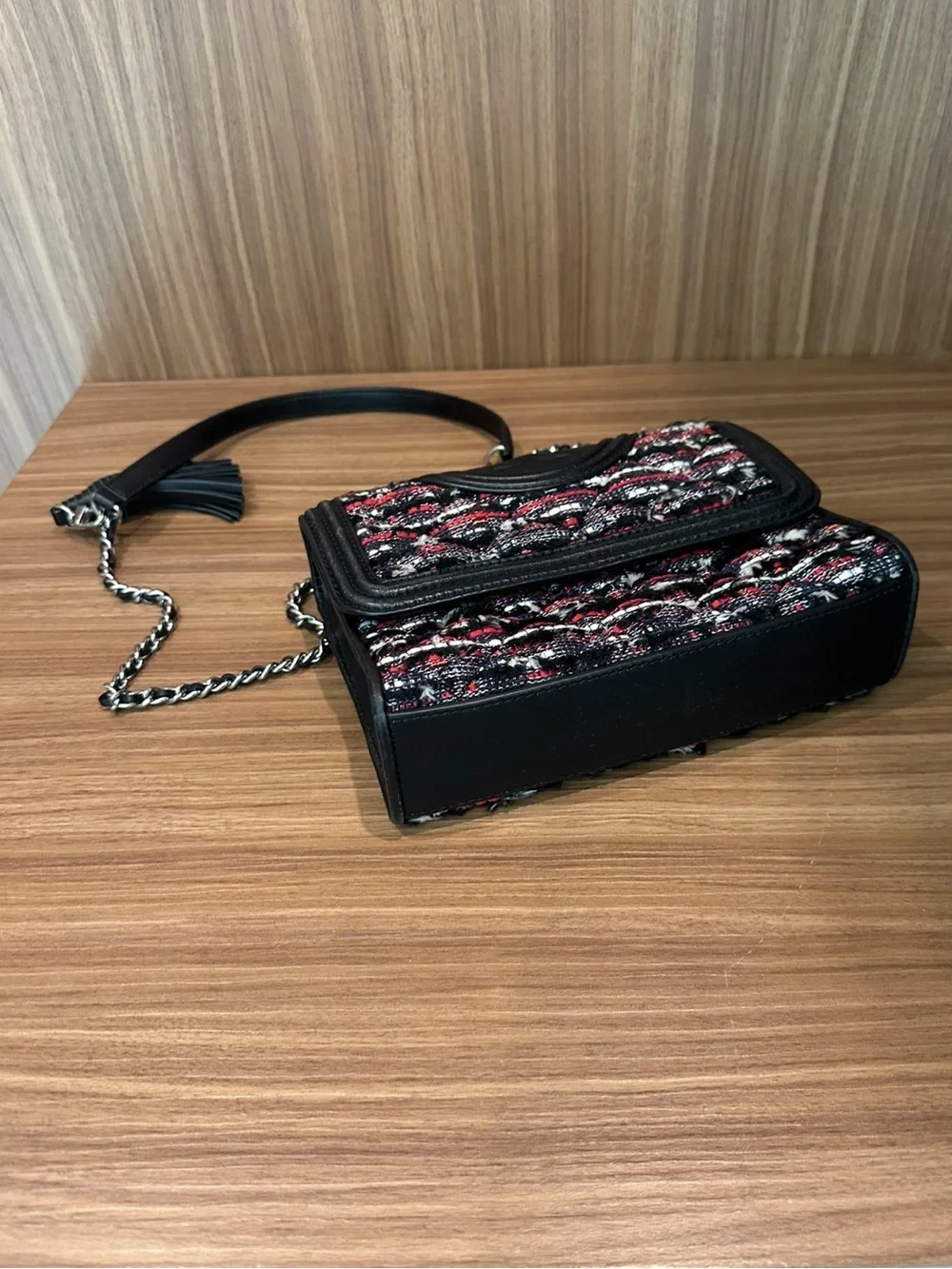 Tory Burch Tweed Chain-Handle Flap Shoulder Crossbody Bag with Tassel Black